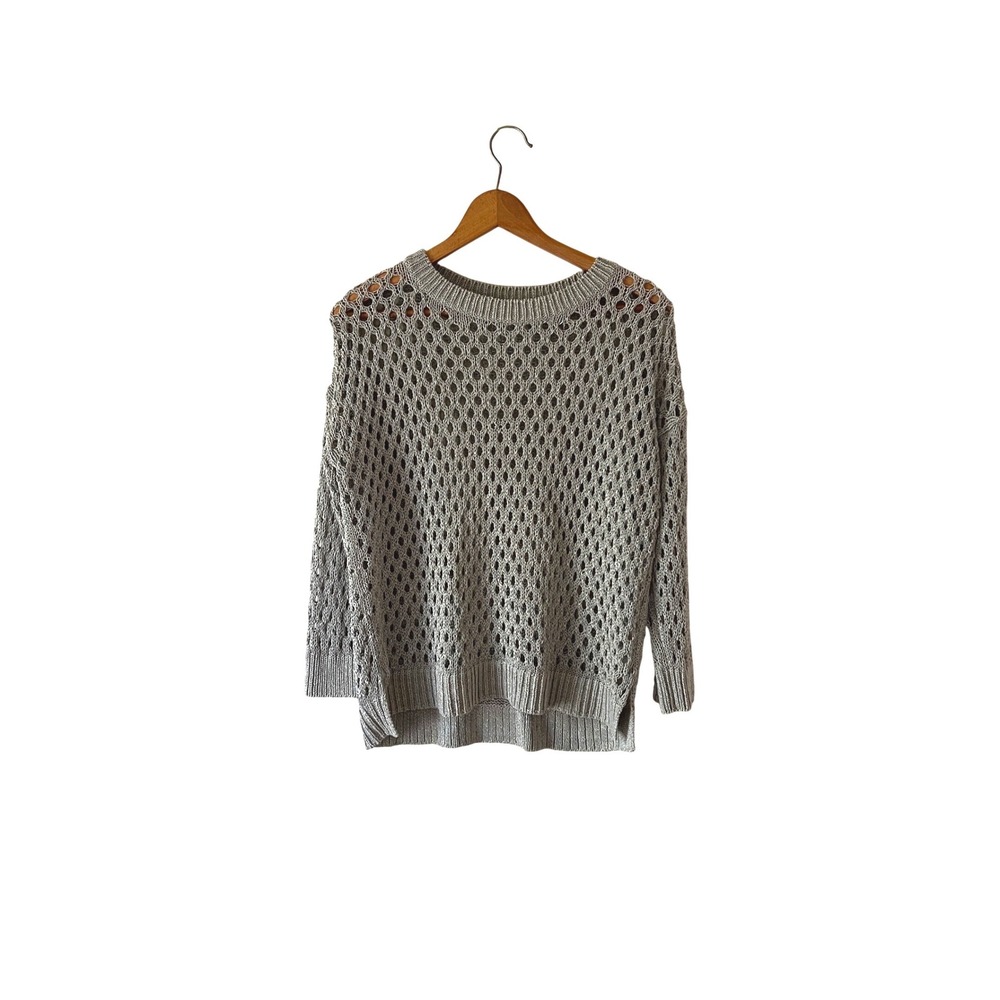Club Monaco Silver Metallic Open Knit Crochet Sweater Grey Pointelle M/L Top